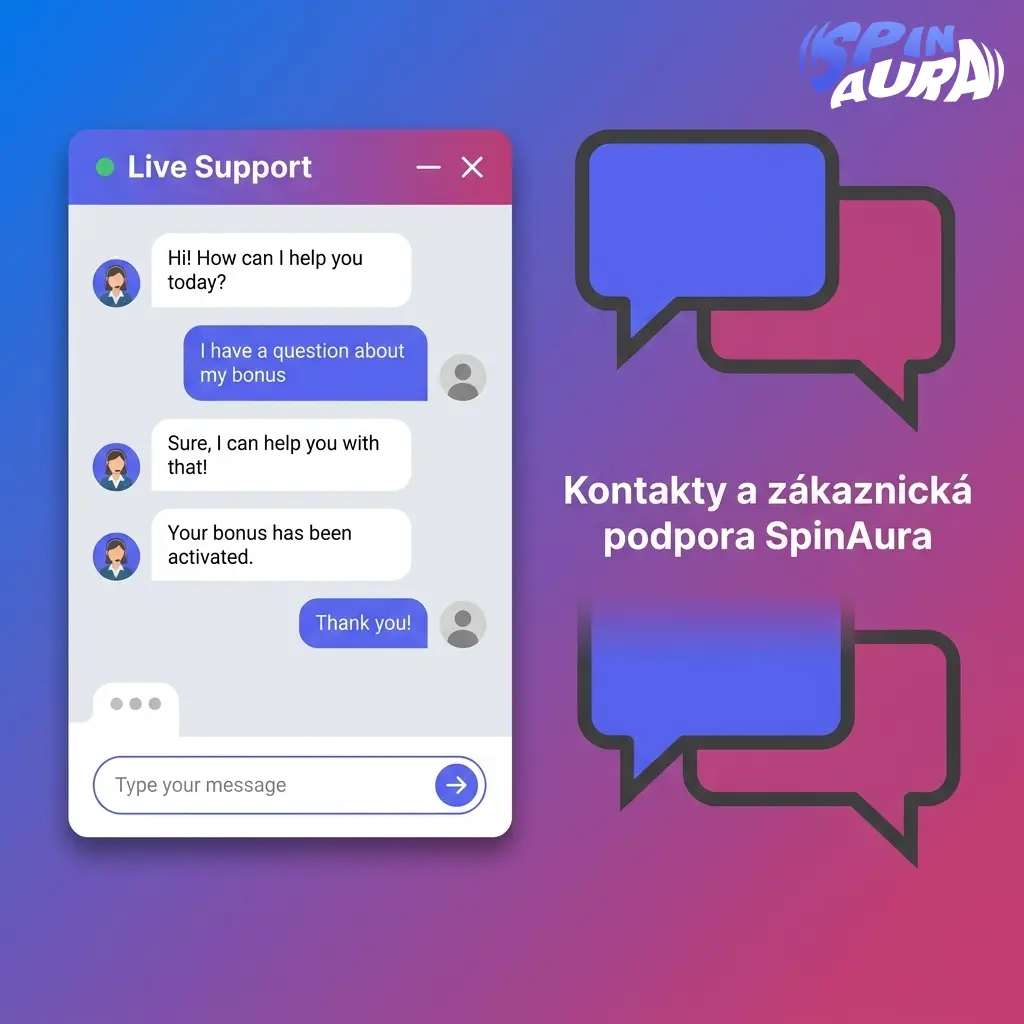 Kontakty a zákaznická podpora SpinAura – živý chat, e-mail a FAQ dostupné nonstop pro řešení dotazů hráčů